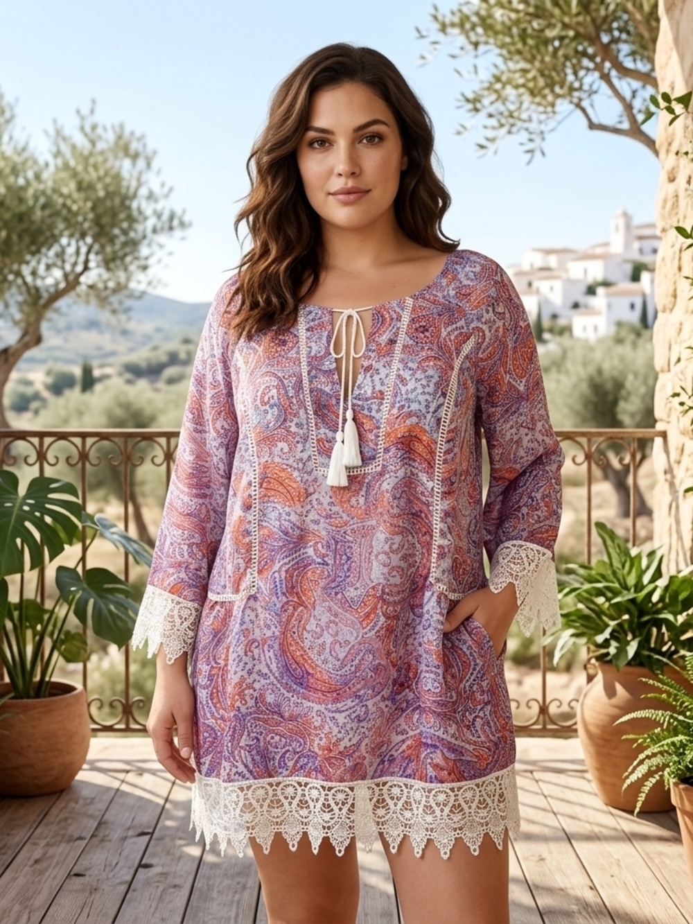 new directions Purple Paisley Lace-Trim Tunic Dress